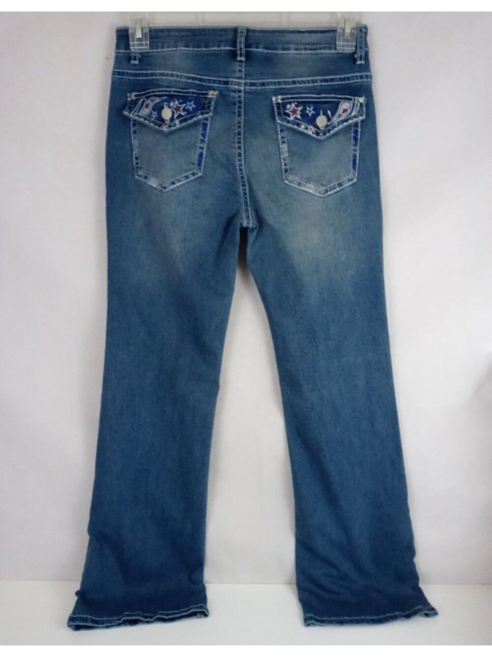 Women's Distressed Bootcut Jeans With Patriotic Star Embroidered Pockets 28x30